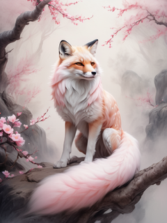面对镜头，前视，全身，一只狐狸狐妖，在一片桃花盛开的森林里，白色的皮毛，粉红色的瞳孔，身体被粉红色的烟雾包围，中国民间传说中的神话生物，古老而优雅，线条柔和，国画风格，工笔，张大千创作，艺术，16K，最佳品质