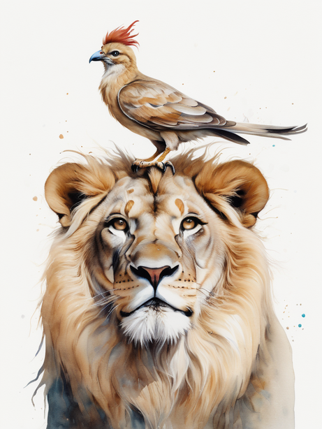 极简风狮子小鸟绘画插图