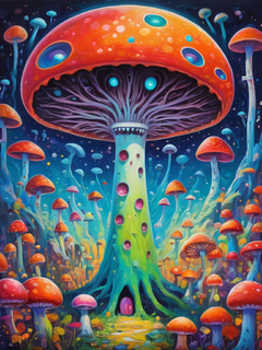 一幅可爱的外星人画，有很多五颜六色的形状，以横井插图的风格，明亮的视觉，尖嘴，怪胎秀，超详细的插图，蘑菇核，巨大的规模