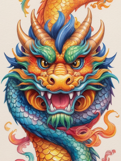 可爱的中国龙绘画，笔触，手绘插画，幽默漫画风格，丰富多彩