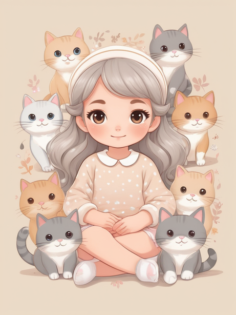 小女孩和一群猫在一起的卡通图片