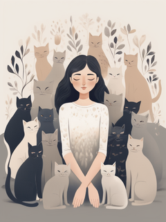 异想天开地描绘了一个女孩被一群猫包围，温暖治愈插画，卡通风格，极简插画，柔和的粉彩与灰色和米色的温暖色调，优雅精致的衬线字体