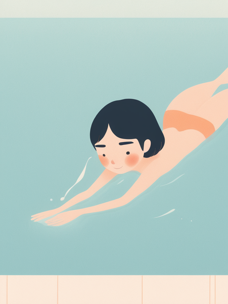 短发女孩在泳池游泳的可爱插画