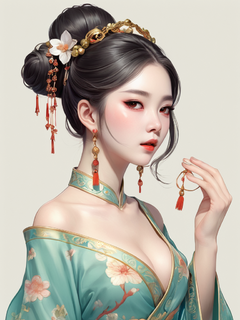 插图，极简主义，头发上系着铃铛，穿着仙气飘飘的华服衣裙的中国风古典美女，妆容精致，中式漫画