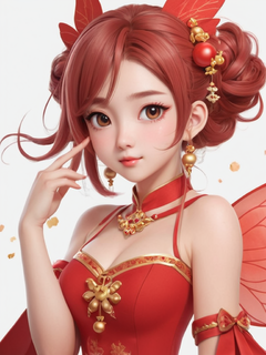动漫游戏人物设计，极简主义，头发上系着铃铛，穿着仙气飘飘的红色衣裙的游戏美女，妆容精致，中式动漫，平静的和谐，负空间的优雅使用，平面设计插图