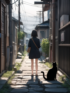 山田章博风格，街道，电线杆，蹲在巷口的女孩和黑猫，仰视角度，特写。动漫
