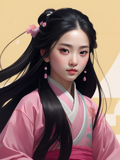 插图，极简主义，一幅工笔画，画的是一位5岁的黑色长发中国清朝女孩，穿着粉色汉服，戴着缠结的珠宝，圆脸，极为极简主义的肖像，几何形状，哑光浅黄色背景，采用清新的新流行插图，动画礼品，多莉·凯，卡通人物，特写，头像，大胆的卡通石版画