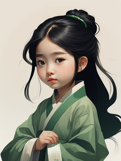 插图，极简主义，一幅工笔画，画的是一位5岁的黑色长发中国清朝女孩，全身，穿着绿色汉服，戴着缠结的珠宝，圆脸，极为极简主义的肖像，几何形状，哑光浅米色背景，采用清新的新流行插图，动画礼品，多莉·凯，卡通人物，特写，头像，大胆的卡通石版画，插图，极简主义，梦幻般的画面，微妙的渐变，平静的和谐，负空间的优雅使用，平面设计启发的插图