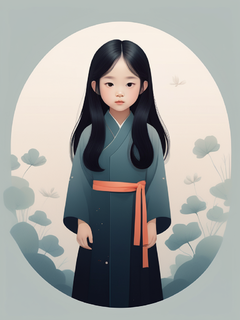 插图，极简主义，一位5岁的黑色长发中国女孩全身，梦幻般的画面，微妙的渐变，平静的和谐，负空间的优雅使用，平面设计启发的插图