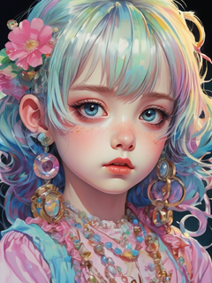 一个小女孩，带着五颜六色的珠宝和眼睛，具有超现实的流行音乐、goblincore、lit kid、dolly kei、精致的细节、明亮、苍白的调色板的风格

