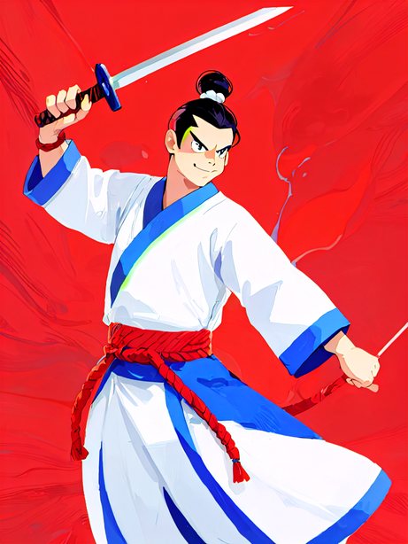 红白蓝配色卡通汉服人物插图