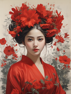 女孩头发上戴着红花，呈现出栩栩如生的效果图风格，oku艺术，闪亮/有光泽，达达主义者，挪用艺术家，dau al-set，sonian