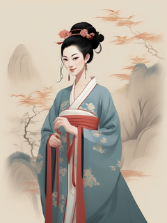 唐代仕女图，中国风，国风插画，极简，一个中国女子低眉浅笑，前视，半身短，精致的服装细节，唐代壁画风格仕女图，平静的和谐，负空间的优雅使用，平面设计启发的插图