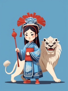 一个传统的中国古代小女孩，头戴一顶狮子帽，身后有一个超大的舞狮的人，传统的中国版画，雕塑艺术，蓝色和浅蓝色，木版印刷风格，扁平纸箱，矢量插图风格，扁平插图，白色背景，3k