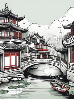 手绘版画效果，一幅江南水乡山水画，有许多中国传统建筑，盛开的莲花和荷叶，小桥流水，矢量插图，中国城市，粗线条，古典图案，木刻版画，红色和绿色