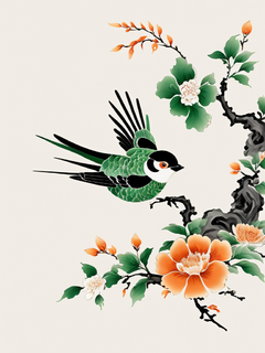 燕子形状，采用中国传统绘画风格，白色背景，灵动华丽的图案，黑色和绿色，橙色点缀