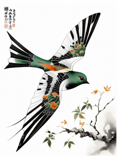 一只燕子形状的风筝，采用中国传统绘画风格，白色背景，灵动华丽的图案，黑色和绿色，橙色点缀