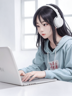 中国女孩上网，动漫风格，清新风格，明亮的灯光，白色背景