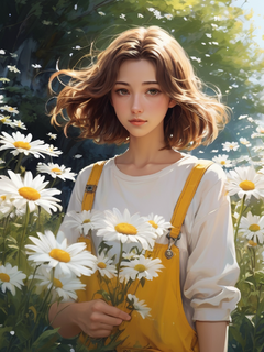 正视图，一个棕色头发齐肩的女孩穿过一片白色雏菊。她的衣服是黄色的，奥利绘画风格，32K