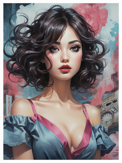 一张旅行途中的海报，上面有一个化妆的女孩的形象，以kago真太郎、brian mashburn的风格，现实主义的细节，夸张的姿势，natalia rak，剪裁紧凑的构图，漫画艺术