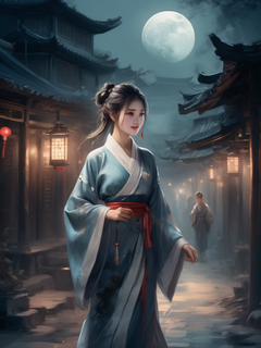 一位穿着古装的少女，手持灯笼，微笑着走在夜晚的古镇街道上。月光柔和，雾气缭绕，水墨画风格，展现中国古风的韵味。高清渲染，细节丰富，质感细腻。