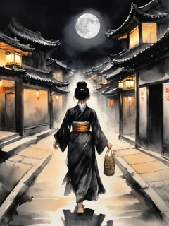 一位穿着古装的少女，手持灯笼，微笑着走在夜晚的古镇街道上。月光柔和，水墨画风格，展现中国古风的韵味。高清渲染，细节丰富，质感细腻。