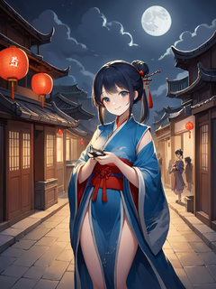 一位穿着古装的少女，手持灯笼，微笑着走在夜晚的古镇街道上。月光柔和，水墨画风格，展现中国古风的韵味。高清渲染，细节丰富，质感细腻。
