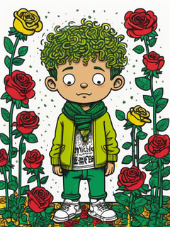 Keith Haring的风格，可爱的卡通小王子男孩穿着绿色衣服，戴着黄色围巾，周围环绕着玫瑰，白色背景，明亮的颜色，sharpie插图，MBE插图，以垃圾美的风格，混合图案，文字和表情符号装置