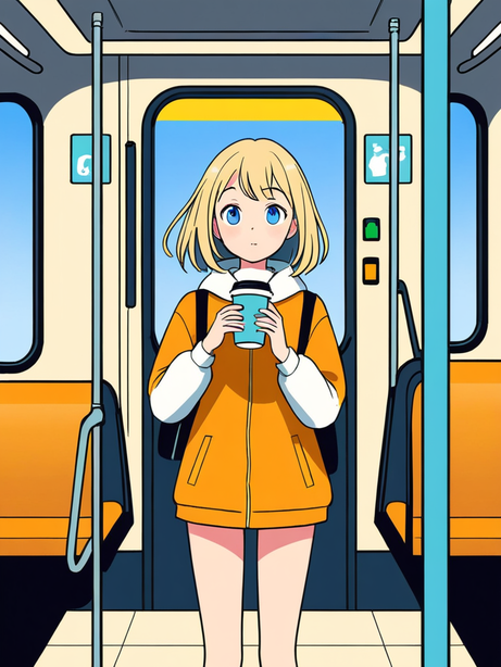 女孩乘坐地铁卡通插画