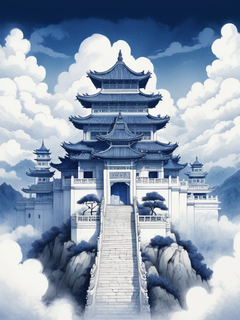 一座白色的宫殿坐落在山顶上，周围群山环绕，云雾缭绕。图案采用青花水墨画风格，线条简洁，插图平实。它具有远眺、平视、高对比度的色彩、强烈的质感、凉爽的色调、对称的构图、静止的姿势、细腻的笔触、传统的文化元素、神秘的氛围