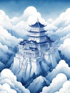 一座白色的宫殿坐落在山顶上，周围群山环绕，云雾缭绕。图案采用青花水墨画风格，线条简洁，插图平实。它的特点是远景、平面透视、高对比度的颜色、强烈的纹理、凉爽的色调