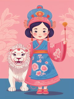 一个传统的中国古代小女孩，穿着一件衣服，头戴一顶狮子帽，身后有一个舞狮的人，传统的中国版画，雕塑艺术，蓝色和粉色，木版印刷风格，扁平纸箱，矢量插图风格，扁平插图，白色背景，3k