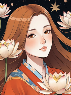 一个长发莲花的女人的插图，深橙色和浅金色的风格，星星艺术组（星星），五颜六色的动画剧照，南北朝，大胆的，漫画启发的人物，浅白色和深红色，令人难忘的美丽插图