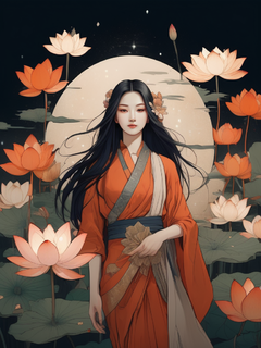 一个长发莲花的女人的插图，深橙色和浅金色的风格，星星艺术组（星星），五颜六色的动画剧照，南北朝，大胆的，漫画启发的人物，浅白色和深红色，令人难忘的美丽插图