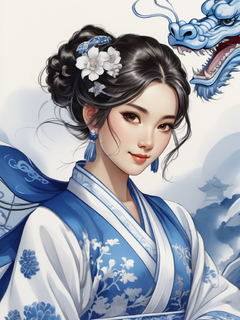 中国风格的插图，以带有龙元素的青花瓷图案为特色。一个卡通女孩穿着中国汉服，背景是传统的装饰。圆形图案、刺绣、白玉发饰和珍珠耳环都是特色。这个女孩有着精致的五官和微笑的表情。这幅插图是用平实的墨水手绘的