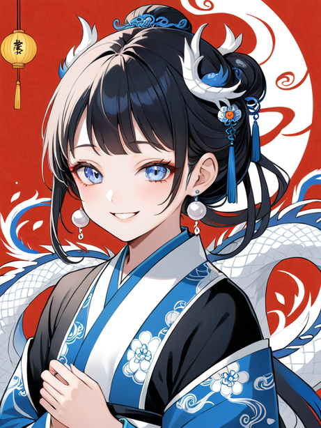 带有龙元素的穿汉服的卡通女孩国风插图