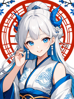 中国风格的插图，以带有龙元素的青花瓷图案为特色。一个卡通女孩穿着中国汉服，背景是传统的装饰。圆形图案、刺绣、白玉发饰和珍珠耳环都是特色。这个女孩有着精致的五官和微笑的表情。这幅插图是用平实的墨水手绘的