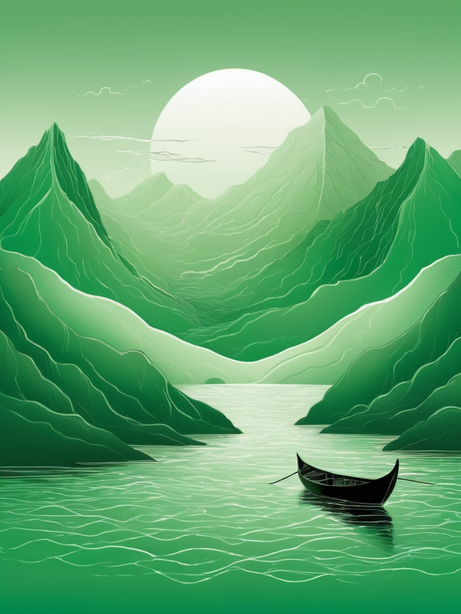 绿色渐变晕染线条山水画