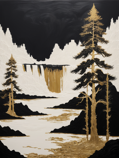 一幅黑色和金色的画，描绘了松柏和河流、瀑布、极简主义、大量的白色空间，具有独特的yoka插图风格，多幅构图的决策艺术，描绘了恶劣的武器和荒凉的风景

