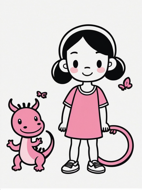 粉色小女孩和小恐龙简笔画