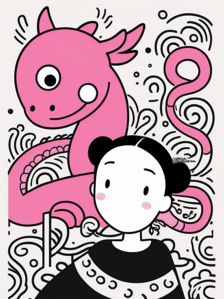 一个小女孩和粉色中国龙极简线条画