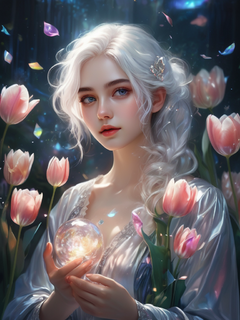一个蓝眼睛、白发、彩妆闪闪的女孩手里拿着郁金香，插图绘画，美丽的郁金香，闪闪发光和钻石尘，闪亮的眼睛，闪闪发光的背景，梦幻般的全息彩虹色，柔和的灯光，全息效果，Kawacy，梦幻般的色彩，缥缈的背景，高分辨率，虚实结合，童话插图，绝美