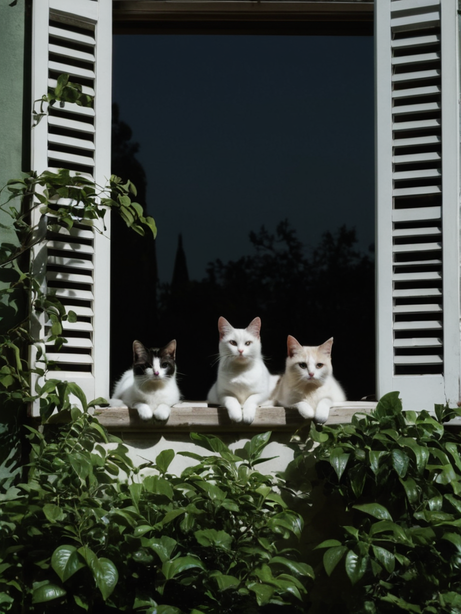 在百叶窗前的一排猫咪摄影图
