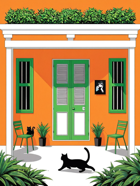多巴胺色系插画门前的小黑猫