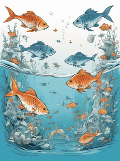 水世界，漫画风格，很多鱼类，儿童插画
