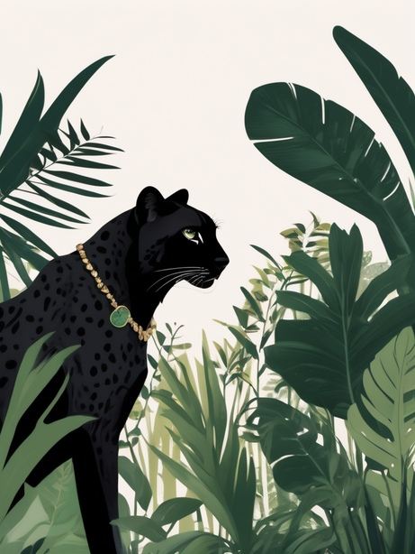 绿植丛林中的黑色猎豹极简插画