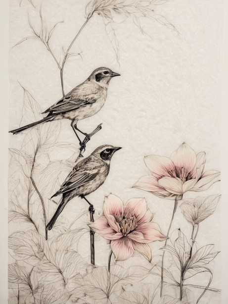 极简精细钢笔画作花鸟图