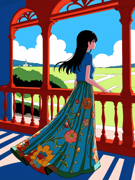 庄园露台上的长裙少女卡通插画