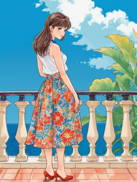 露台上的花裙少女彩色插画