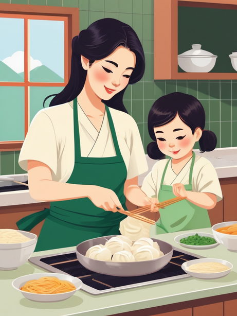 母亲节包饺子温馨画面卡通插画